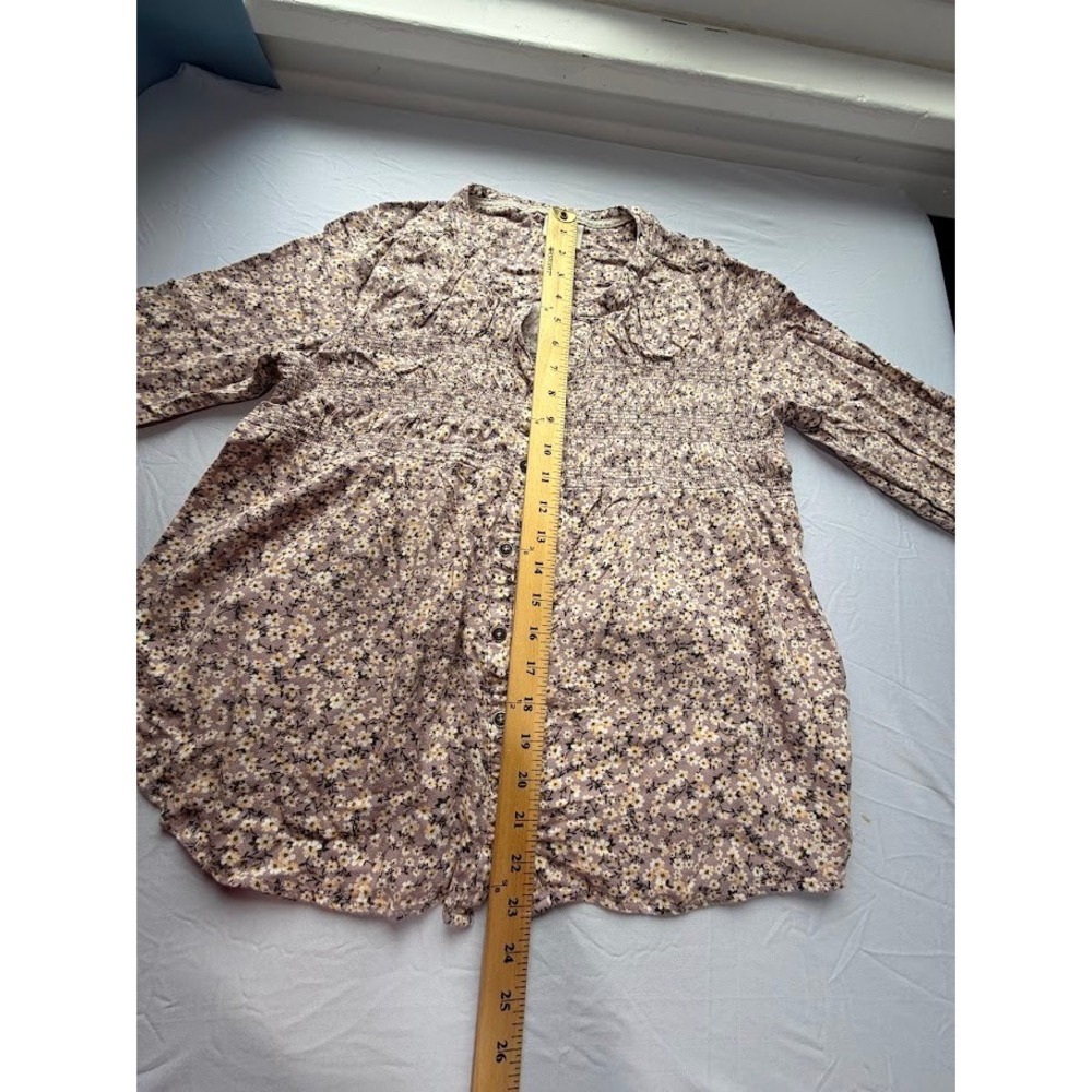 Knox Rose Purple Floral Smocked Button Front Blouse Boho Rayon Top Womens L - Picture 9 of 11